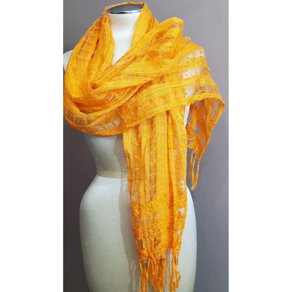 Sara Jane Scarf Wrap Orange Silk Viscose Blend Sheer Woven Stripe Fringe 66x22"